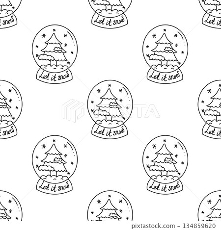 Doodle pattern of Christmas glass snow globes with christmas tree in black and white style Doodle pattern of Christmas glass snow globes with christmas tree in black and white style 134859620