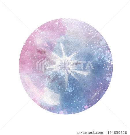 Watercolor illustration of cosmic circle with starburst at the center, crystal ball featuring soft pink and blue hues, sparkles, celestial, ethereal atmosphere. Isolated element on white background 134859828