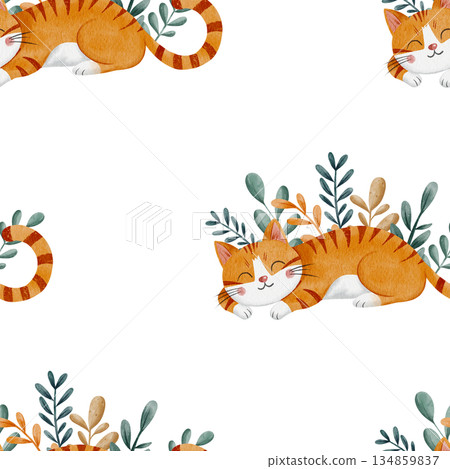 Cute seamless watercolor pattern with sleeping ginger cats and floral leaves creates a charming nursery wallpaper perfect for kids' textiles and decor. Hand-drawn illustration, white background. 134859837