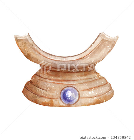 Watercolor illustration of an antique ceremonial stone tray with purple gemstone in the center and arch. For mystical rituals, divination balls. Element is isolated on white background. Hand drawn. 134859842