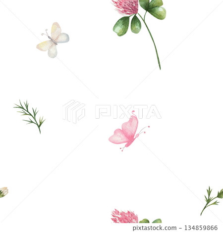 Seamless watercolor pattern featuring clover, green leaves, white daisy flowers, and pink butterfly, hand-drawn and isolated on white background. For botanical wallpaper, fabric, and textile designs Seamless watercolor pattern featuring clover, green leaves, white daisy flowers, and pink butterfly, hand-drawn and isolated on white background. For botanical wallpaper, fabric, and textile designs 134859866