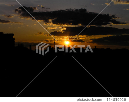 Autumn red sunset with a purple sky 134859926