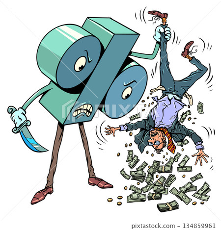 A discount sign robs a man. Spending money online. Financial literacy. 134859961