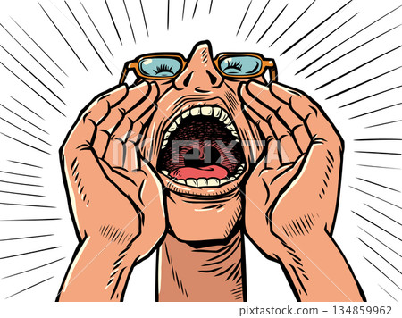 A man screams through his mouth. Close-up of his mouth and face. Message about discounts. A man screams through his mouth. Close-up of his mouth and face. Message about discounts. 134859962