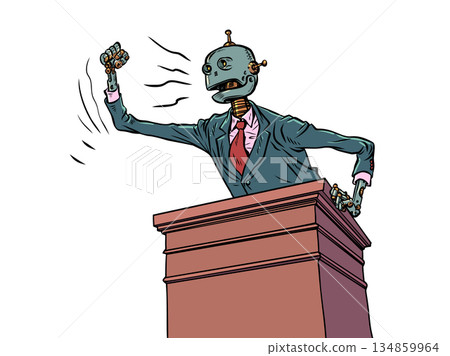 A robot testifies in court. AI responsibility for crimes. Artificial intelligence condemns humans. 134859964