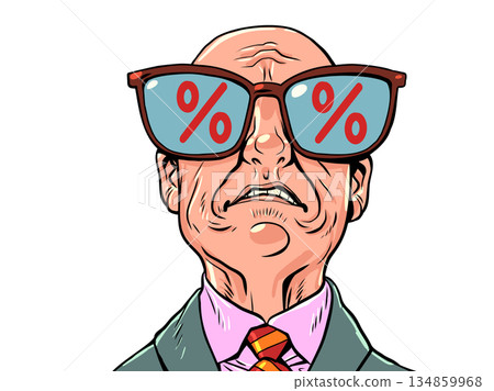 A sad bald man. Red discount symbols. The fear of a salesperson. A sad bald man. Red discount symbols. The fear of a salesperson. 134859968