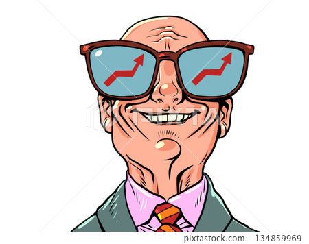 A happy bald businessman. A satisfied company boss. Looking at the graphs of upward arrows. A happy bald businessman. A satisfied company boss. Looking at the graphs of upward arrows. 134859969