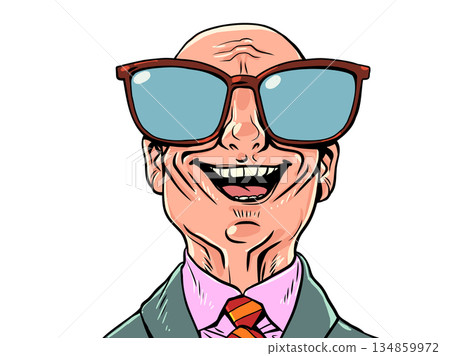 A joyful bald businessman. A contented company boss. A happy man with empty glasses. A joyful bald businessman. A contented company boss. A happy man with empty glasses. 134859972