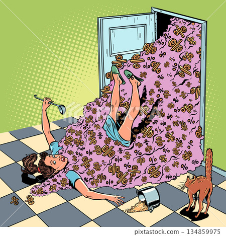 Tons of discounts and offers. A woman fell from the sale mountain. Excess spam from stores. Tons of discounts and offers. A woman fell from the sale mountain. Excess spam from stores. 134859975