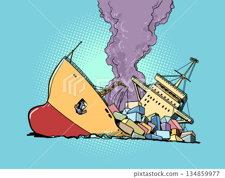 Cargo ship sinking. A broken and destroyed ship. Economic problems of logistics. 134859977