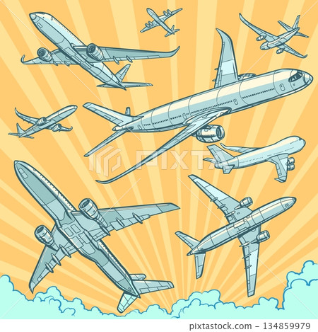 Many planes are flying. Traveling around the world. Organizing tours and business flights. Many planes are flying. Traveling around the world. Organizing tours and business flights. 134859979