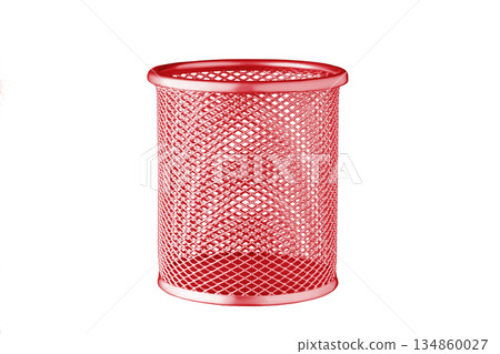 metallic Glass of red color for stationery, pencils, pens, scissors, ruler, on an isolated white background metallic Glass of red color for stationery, pencils, pens, scissors, ruler, on an isolated white background 134860027