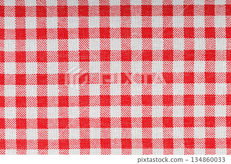 Red and white checkered, pattern, design, cotton fabric for sewing, texture background 134860033