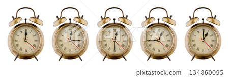 Alarm clock set, vintage clock with time period 00:00, 00:15, 00:30, 00:45, 01:00 a.m., p.m. isolated on white background 134860095