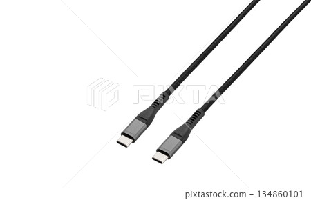 Black cable for charging and synchronization with Type - C, USB, Micro USB, Lightning connectors on a white background Black cable for charging and synchronization with Type - C, USB, Micro USB, Lightning connectors on a white background 134860101