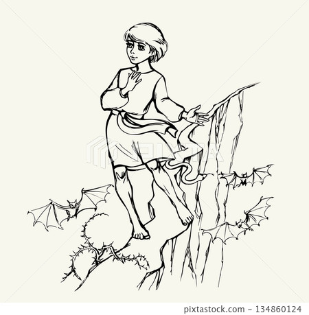 Vector drawing. Young boy going through dangerous way Vector drawing. Young boy going through dangerous way 134860124