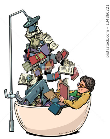 Pop Art Retro A person is awash in books. A wide range of books and knowledge. A student learns new things. 134860221