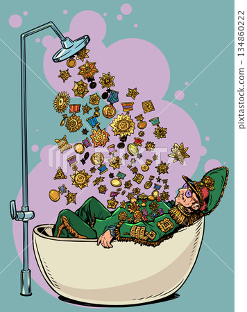 Pop Art Retro General in the bath. Military orders and merits. Army commanders. 134860222