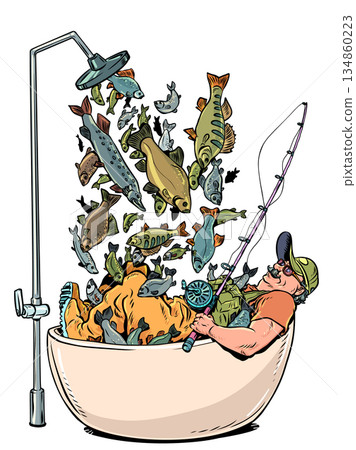 Pop Art Retro A fisherman in a bathtub. A variety of fish. A seafood restaurant. Pop Art Retro A fisherman in a bathtub. A variety of fish. A seafood restaurant. 134860223