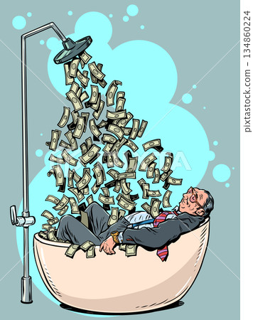 Pop Art Retro A wealthy businessman in a bathtub. Money pouring down from above. Success for his business and company. Pop Art Retro A wealthy businessman in a bathtub. Money pouring down from above. Success for his business and company. 134860224