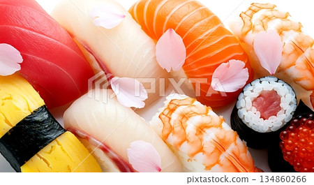 Japanese commercial style. pink sakura petals scattered over assorted nigiri, creating color harmony between food and nature Japanese commercial style. pink sakura petals scattered over assorted nigiri, creating color harmony between food and nature 134860266
