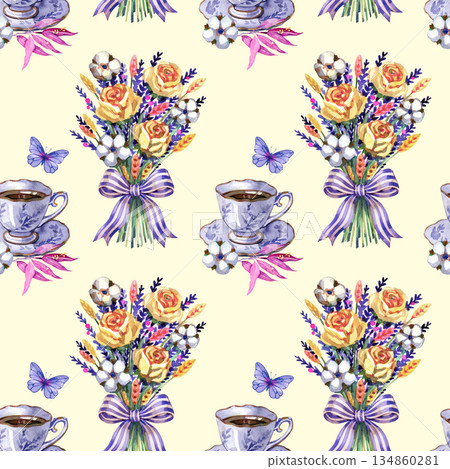 Seamless watercolor pattern featuring a charming tea set and floral bouquets. Elegant periwinkle teacups are paired with rustic arrangements of yellow roses, lavender, and cotton, accented by delicate Seamless watercolor pattern featuring a charming tea set and floral bouquets. Elegant periwinkle teacups are paired with rustic arrangements of yellow roses, lavender, and cotton, accented by delicate 134860281