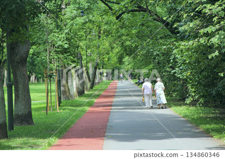 Two old women are walking in park with treadmill 134860346