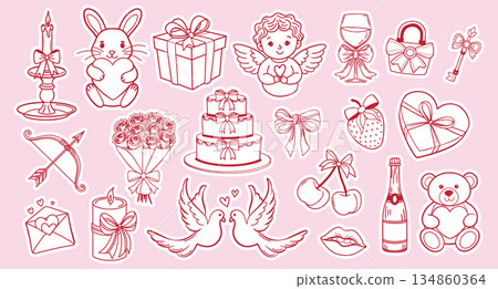 Valentines Day sticker set. Romantic collection of hand drawn love and Valentines Day elements. Illustration. 134860364
