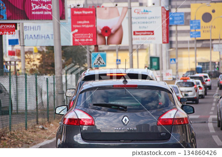 French car Renault Megane rear view. car with windscreen wiper French car Renault Megane rear view. car with windscreen wiper 134860426