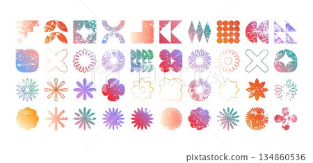 Colorful geometric shapes, modern grunge symbols. Simple primitive elements and forms, distressed details. Retro design, aged, vintage, trendy contemporary minimalist style, y2k. Vector illustration Colorful geometric shapes, modern grunge symbols. Simple primitive elements and forms, distressed details. Retro design, aged, vintage, trendy contemporary minimalist style, y2k. Vector illustration 134860536