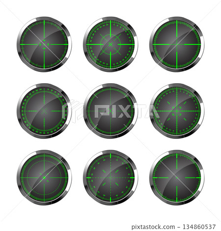 Chrome weapon night sights, sniper rifle optical scopes. Hunting gun viewfinder with crosshair. Aim, shooting mark symbol. Military target sign, silhouette. Game UI element. Vector illustration 134860537