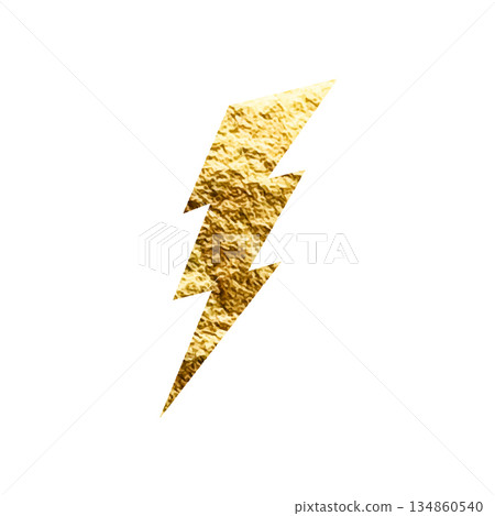 Golden lightning bolt icon. Gold foil texture. Flash symbol, thunderbolt. Simple lightning strike sign. Vector illustration 134860540