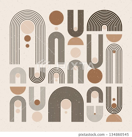 Arch and circle elements, modern geometric shapes. Contemporary design, mid century minimalist art. Trendy design elements for wall decor, posters, books, covers and flyers. Vector illustration 134860545