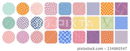 Groovy checkered pattern, colorful tiled grid. Vintage wavy curved backdrop, distortion effect. Funky geometric chessboard texture, retro background in 90s style, y2k. Vector illustration Groovy checkered pattern, colorful tiled grid. Vintage wavy curved backdrop, distortion effect. Funky geometric chessboard texture, retro background in 90s style, y2k. Vector illustration 134860547