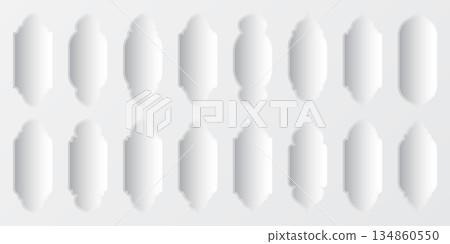 Islamic frames, oriental style objects. Arabic shapes, windows and arches with shadows. Traditional ornamental frame. Muslim holidays, Ramadan Kareem. Modern eastern architecture. Vector illustration 134860550