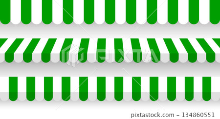 Shop sunshade. Realistic striped cafe awning. Outdoor market tent. Roof canopy. Summer street store. Vector illustration 134860551