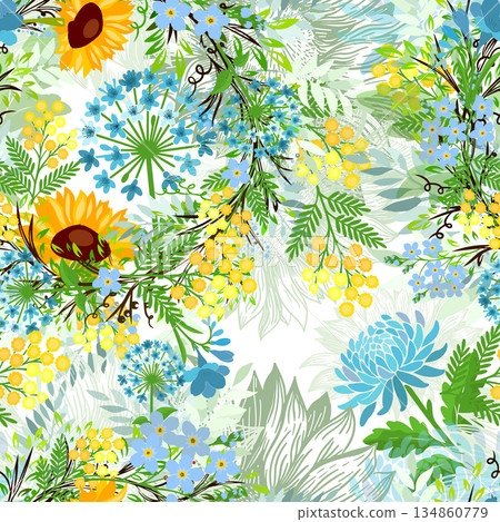 Rich seamless floral pattern with sunflowers and other flowers. Hand drawn. Not AI, vector illustration. Rich seamless floral pattern with sunflowers and other flowers. Hand drawn. Not AI, vector illustration. 134860779