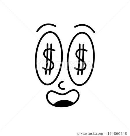 Cartoon money face with dollar sign eyes and open mouth. Funny vector expression for finance, business, and comic sticker themes. Cartoon money face with dollar sign eyes and open mouth. Funny vector expression for finance, business, and comic sticker themes. 134860848