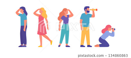 Group of diverse people looking forward with spyglasses or binoculars. Colorful design for teamwork and discovery themes Group of diverse people looking forward with spyglasses or binoculars. Colorful design for teamwork and discovery themes 134860863