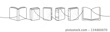 Minimalist contour drawing of open and closed books linked by a single flowing line Minimalist contour drawing of open and closed books linked by a single flowing line 134860870