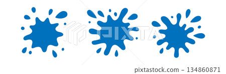 Set of blue water splash icons. Flat cartoon liquid shapes isolated on white background. Perfect for abstract decoration, design and creative projects 134860871