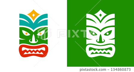 Polynesian tiki mask in green and white variations. Tribal style vector illustration for tattoos, festival artwork and cultural decor Polynesian tiki mask in green and white variations. Tribal style vector illustration for tattoos, festival artwork and cultural decor 134860873