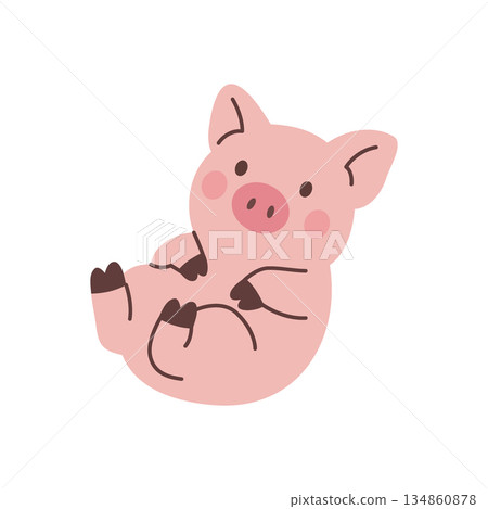 Cute piglet lying on back with smile. Adorable pink pig vector illustration for children, farm animals, nursery art, and playful designs 134860878