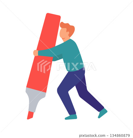 Man carrying giant red marker. Flat vector illustration of oversized stationery for study, creativity, and business design projects. 134860879