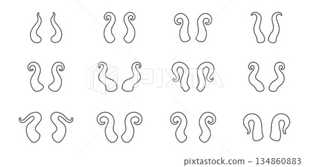 Outline set of fantasy horns. Decorative curved animal horn drawings for tattoo, tribal, monster, and illustration themes Outline set of fantasy horns. Decorative curved animal horn drawings for tattoo, tribal, monster, and illustration themes 134860883