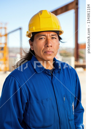 Indigenous native american Construction Worker in Yellow Hardhat and Blue Overalls on Site Indigenous native american Construction Worker in Yellow Hardhat and Blue Overalls on Site 134861184