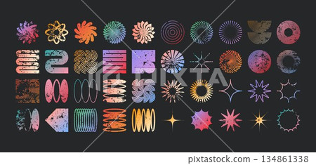 Brutalist geometric shapes, modern grunge symbols. Simple primitive elements and forms, distressed details. Retro design, aged, vintage, trendy contemporary minimalist style, y2k. Vector illustration 134861338