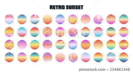 Grunge vintage colorful sunset. Striped gradient sunrise badges in 80s and 90s style. Sun and ocean view, summer vibes, surfing. Design element for print, logo or t-shirt. Vector illustration Grunge vintage colorful sunset. Striped gradient sunrise badges in 80s and 90s style. Sun and ocean view, summer vibes, surfing. Design element for print, logo or t-shirt. Vector illustration 134861348