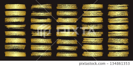 Golden brush strokes, lines, ink smudges, hand-drawn scribble shapes. Handmade sketchy marks, acrylic stains, charcoal streaks. Paint textures, dry brush effect. Marker underline. Vector illustration 134861353