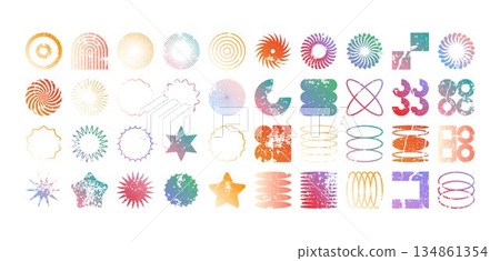 Colorful geometric shapes, modern grunge symbols. Simple primitive elements and forms, distressed details. Retro design, aged, vintage, trendy contemporary minimalist style, y2k. Vector illustration 134861354